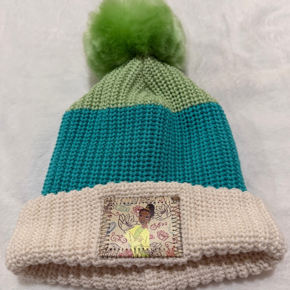 Disney Green and Blue Tiana Knit Hat with Pom-Pom. Girls one size